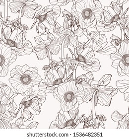 Elegant seamless pattern with hand drawn line beige Anemone flowers. Floral pattern for wedding invitations, greeting cards, scrapbooking, print, gift wrap, manufacturing. 
