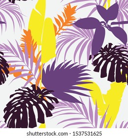 Elegant seamless pattern with hand drawn silhouette tropical leaves and flowers. Colorful floral pattern for greeting cards, scrapbooking, print, gift wrap, manufacturing. Black background.