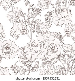 Elegant seamless pattern with hand drawn line beige roses flowers. Floral pattern for wedding invitations, greeting cards, scrapbooking, print, gift wrap, manufacturing. 