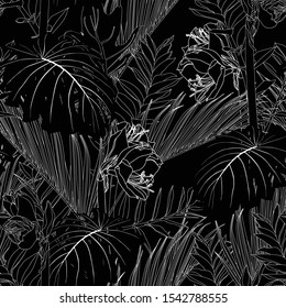Elegant seamless pattern with hand drawn line tropical leaves and flowers. Floral pattern for invitations, greeting cards, scrapbooking, print, gift wrap, manufacturing. Black background.