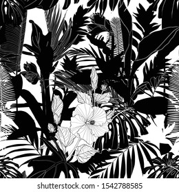 Elegant seamless pattern with hand drawn line tropical leaves and flowers. Floral pattern for invitations, greeting cards, scrapbooking, print, gift wrap, manufacturing. White background.