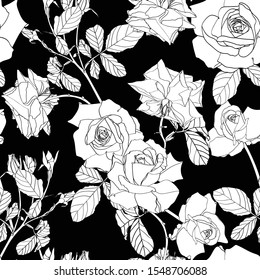 Elegant seamless pattern with hand drawn line roses flowers. Floral pattern for, greeting cards, scrapbooking, print, gift wrap, manufacturing. 