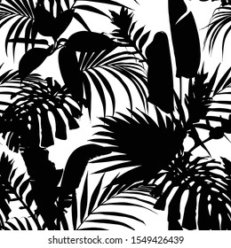 Elegant seamless pattern with hand drawn silhouette tropical leaves and flowers. Floral pattern for invitations, greeting cards, scrapbooking, print, gift wrap, manufacturing.