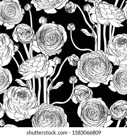 Elegant seamless pattern with hand drawn line ranunculus flowers. Floral pattern for wedding invitations, greeting cards, scrapbooking, print, gift wrap, manufacturing. 