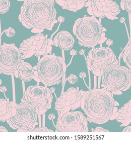 Elegant seamless pattern with hand drawn line ranunculus flowers. Floral pattern for wedding invitations, greeting cards, scrapbooking, print, gift wrap, manufacturing. Mint background.