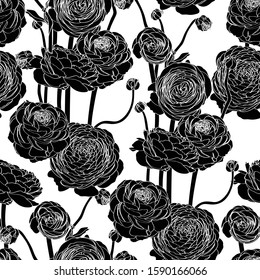 Elegant seamless pattern with hand drawn line Ranunculus flowers. Floral pattern for wedding invitations, greeting cards, scrapbooking, print, gift wrap, manufacturing. 