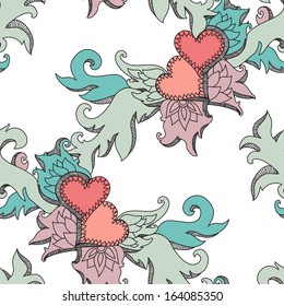 elegant seamless pattern with hand drawn decorative floral hearts for your design