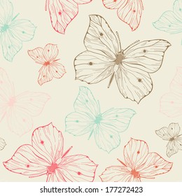 Elegant seamless pattern with hand drawn butterflies in vintage colors. Vector illustration.