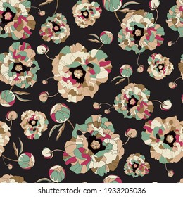 Elegant seamless pattern with hand drawn decorative peony flowers, design elements. Floral pattern for invitations, greeting cards, scrapbooking, print, gift wrap, manufacturing. Vector illustration
