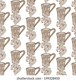 Elegant seamless pattern with hand drawn decorative coffee cups, design elements. Coffee pattern for invitations, greeting cards, scrapbooking, restaurant, cafe menu, print, gift wrap, manufacturing.