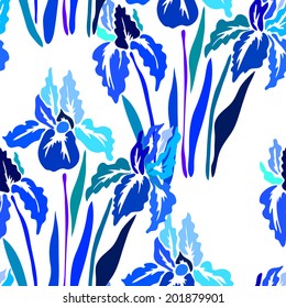 Elegant seamless pattern with hand drawn decorative bright iris flowers, design elements. Floral pattern for wedding invitations, greeting cards, scrapbooking, print, gift wrap, manufacturing.