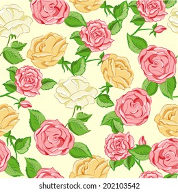 Elegant seamless pattern with hand drawn colorful roses. Vector illustration.
