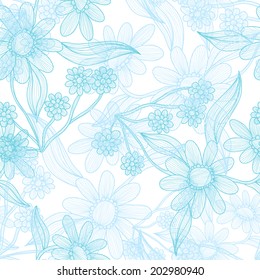 Elegant seamless pattern with hand drawn decorative blue flowers, design elements. Floral pattern for wedding invitations, greeting cards, scrapbooking, print, gift wrap, manufacturing.