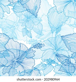 Elegant seamless pattern with hand drawn decorative hibiscus flowers, design elements. Floral pattern for wedding invitations, greeting cards, scrapbooking, print, gift wrap, manufacturing.