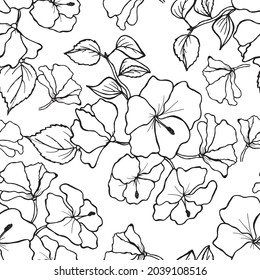 Elegant seamless pattern with hand drawn hibiscus flowers. Pattern for wallpaper, wrapping paper, background, print, fabric. Line art ink drawing in black and white. Vector illustration.