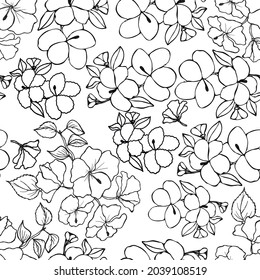 Elegant seamless pattern with hand drawn hibiscus flowers. Pattern for wallpaper, wrapping paper, background, print, fabric. Line art ink drawing in black and white. Vector illustration.