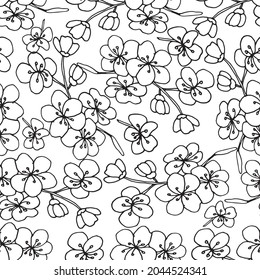Elegante patrón impecable con sakura dibujada a mano. Patrón para papel pintado, páginas coloreadas, papel envolvente, fondo, impresión, tela, tarjetas. Dibujo de tinta de líneas en blanco y negro. Ilustración del vector