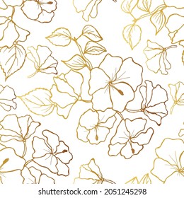 Elegant seamless pattern with hand drawn golden hibiscus flowers. Pattern for wallpaper, wrapping paper, wedding invitations, fabrics, greeting cards.  Vector illustration.