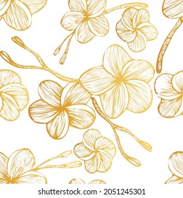 Elegant seamless pattern with hand drawn golden frangipani flowers. Pattern for wallpaper, wedding invitations, wrapping paper,  fabrics and  greeting cards .  Vector illustration.