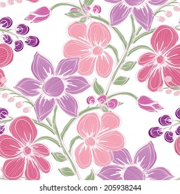 Elegant seamless pattern with hand drawn decorative flowers, design elements. Floral pattern for wedding invitations, greeting cards, scrapbooking, print, gift wrap, manufacturing.