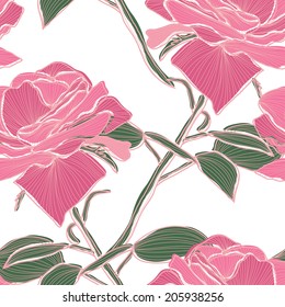 Elegant seamless pattern with hand drawn decorative pink roses, design elements. Floral pattern for wedding invitations, greeting cards, scrapbooking, print, gift wrap, manufacturing.