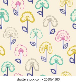 Elegant seamless pattern with  hand drawn flowers on a pastel background, vector illustration.