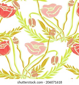 Elegant seamless pattern with hand drawn decorative poppy flowers, design elements. Floral pattern for wedding invitations, greeting cards, scrapbooking, print, gift wrap, manufacturing.