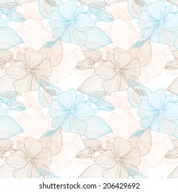 Elegant seamless pattern with hand drawn decorative hibiscus flowers, design elements. Floral pattern for wedding invitations, greeting cards, scrapbooking, print, gift wrap, manufacturing.