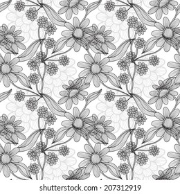 Elegant seamless pattern with hand drawn decorative chamomile flowers, design elements. Floral pattern for wedding invitations, greeting cards, scrapbooking, print, gift wrap, manufacturing.