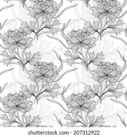Elegant seamless pattern with hand drawn decorative peony flowers, design elements. Floral pattern for wedding invitations, greeting cards, scrapbooking, print, gift wrap, manufacturing.