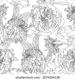 Elegant seamless pattern with hand drawn line flowers. Floral pattern for invitations, greeting cards, scrapbooking, print, gift wrap, manufacturing. 