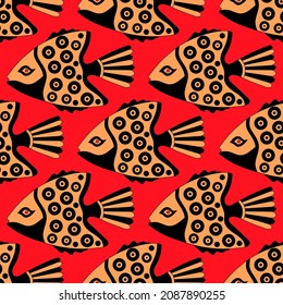 Elegant seamless pattern with hand drawn tropical exotic fishes on red background. Cute design doodle elements for cards,fashion cloth,textile pattern,fabric,print,manufacturing and decor.