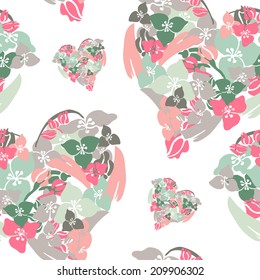 Elegant seamless pattern with hand drawn decorative floral hearts, design elements. Floral pattern for wedding invitations, greeting cards, scrapbooking, print, gift wrap, manufacturing.