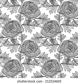 Elegant seamless pattern with hand drawn decorative ranunculus flowers, design elements. Floral pattern for wedding invitations, greeting cards, scrapbooking, print, gift wrap, manufacturing.