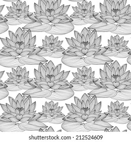 Elegant seamless pattern with hand drawn decorative lotus flowers, design elements. Floral pattern for wedding invitations, greeting cards, scrapbooking, print, gift wrap, manufacturing.