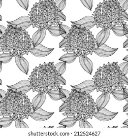 Elegant seamless pattern with hand drawn decorative hydrangea flowers, design elements. Floral pattern for wedding invitations, greeting cards, scrapbooking, print, gift wrap, manufacturing.