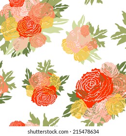Elegant seamless pattern with hand drawn decorative ranunculus flowers, design elements. Floral pattern for wedding invitations, greeting cards, scrapbooking, print, gift wrap, manufacturing.