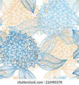 Elegant seamless pattern with hand drawn decorative hydrangea flowers, design elements. Floral pattern for wedding invitations, greeting cards, scrapbooking, print, gift wrap, manufacturing.