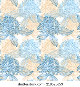 Elegant seamless pattern with hand drawn decorative hydrangea flowers, design elements. Floral pattern for wedding invitations, greeting cards, scrapbooking, print, gift wrap, manufacturing.