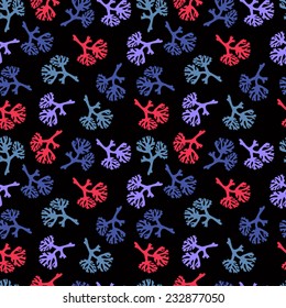 Elegant seamless pattern with hand drawn decorative colorful sea corals on black background. Abstract pattern for invitations, greeting cards, scrapbooking, print, gift wrap, manufacturing. 