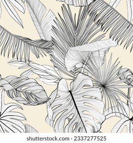 Elegant seamless pattern with  hand drawn line tropical leaves. Floral pattern. Vintage  background.