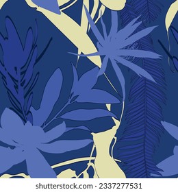 Elegante patrón impecable con hojas tropicales abstractas dibujadas a mano y flores. Patrón floral. Fondo azul vintage.
