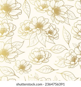 Elegant seamless pattern with hand drawn flowers in boho style. Golden vector background for wallpaper, wrapping paper, textile and greeting cards.