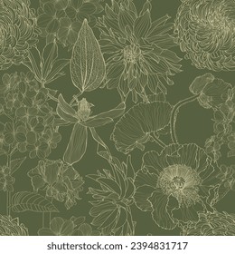 Elegant seamless pattern with hand drawn line garden flowers. Floral pattern for wedding invitations, greeting cards, scrapbooking, print, gift wrap, manufacturing. 