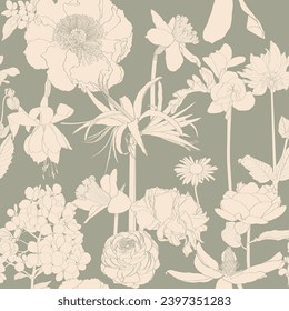 Elegant seamless pattern with hand drawn line garden and tropical flowers. Floral pattern for wedding invitations, greeting cards, scrapbooking, print, gift wrap, manufacturing. 