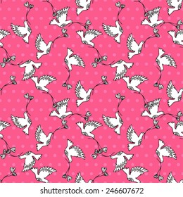 Elegant seamless pattern with hand drawn doves with hearts, design elements. Can be used for valentines day, wedding invitations, greeting cards, scrapbooking, print, gift wrap, manufacturing