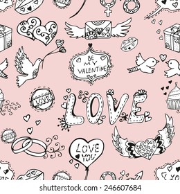 Elegant seamless pattern with hand drawn decorative love symbols, design elements. Can be used for valentines day, wedding invitations, greeting cards, scrapbooking, print, gift wrap, manufacturing