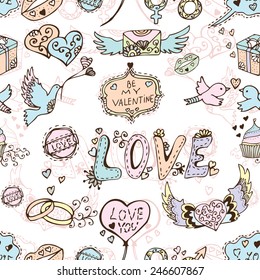 Elegant seamless pattern with hand drawn decorative love symbols, design elements. Can be used for valentines day, wedding invitations, greeting cards, scrapbooking, print, gift wrap, manufacturing