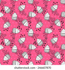 Elegant seamless pattern with hand drawn cupcakes with hearts, design elements. Can be used for valentines day, wedding invitations, greeting cards, scrapbooking, print, gift wrap, manufacturing