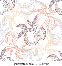Elegant seamless pattern with hand drawn decorative peach fruits, design elements. Can be used for invitations, greeting cards, scrapbooking, print, gift wrap, manufacturing. Food background